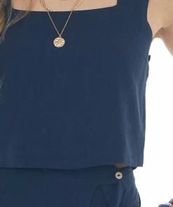 Umgee Tops Navy Linen Square Neck Cropped Tank Top
