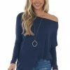 FSL APPAREL Navy Long Sleeve Stretchy Knit Top With Boat Neckline