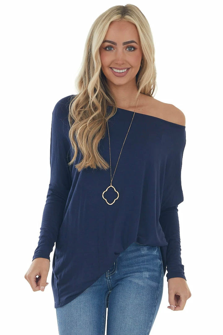 FSL APPAREL Navy Long Sleeve Stretchy Knit Top With Boat Neckline 3 FSL APPAREL Navy Long Sleeve Stretchy Knit Top With Boat Neckline