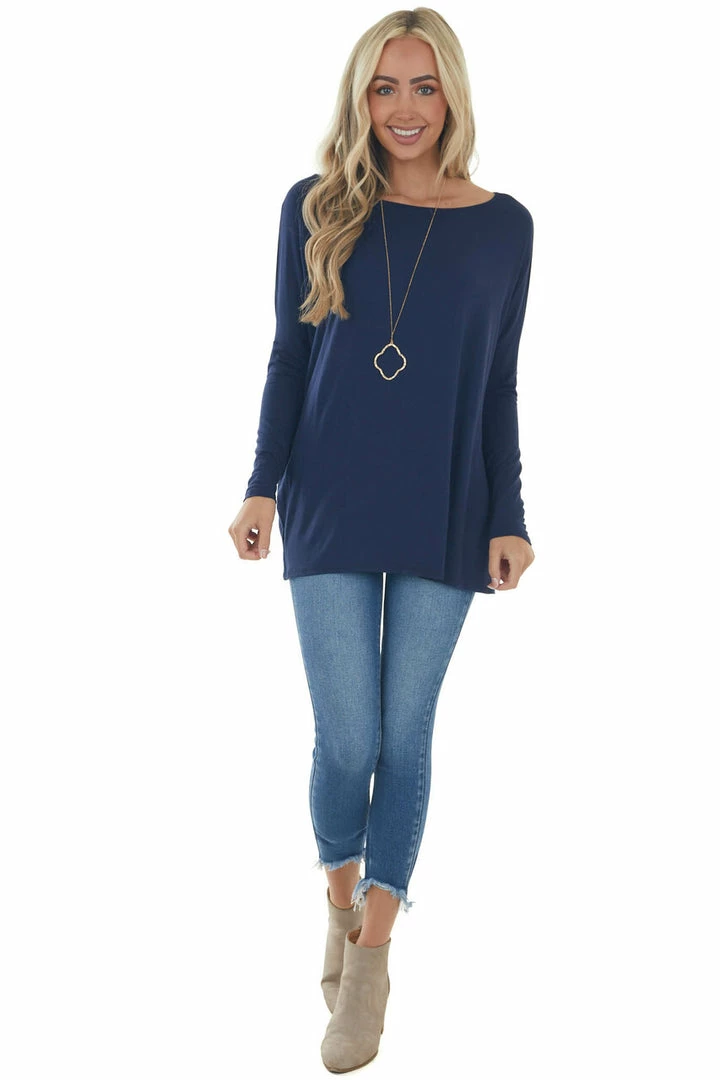 FSL APPAREL Navy Long Sleeve Stretchy Knit Top With Boat Neckline 6 FSL APPAREL Navy Long Sleeve Stretchy Knit Top With Boat Neckline