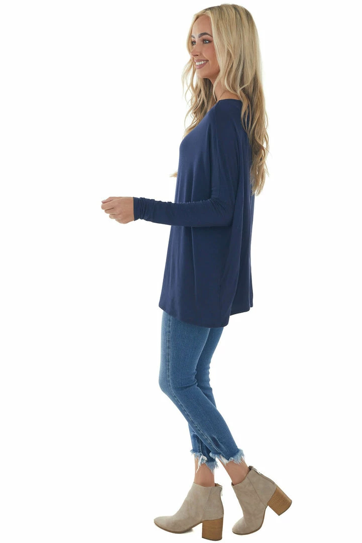 FSL APPAREL Navy Long Sleeve Stretchy Knit Top With Boat Neckline 8 FSL APPAREL Navy Long Sleeve Stretchy Knit Top With Boat Neckline