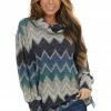 First Love Tops Navy Multicolor Zigzag Print Knit Top With Cowl Neck