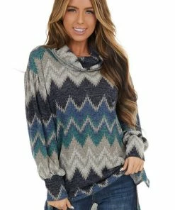 First Love Tops Navy Multicolor Zigzag Print Knit Top With Cowl Neck