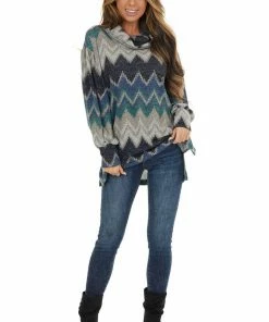 First Love Tops Navy Multicolor Zigzag Print Knit Top With Cowl Neck