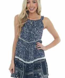 Davi & Dani Navy Multiprint Tiered Sleeveless Mini Dress