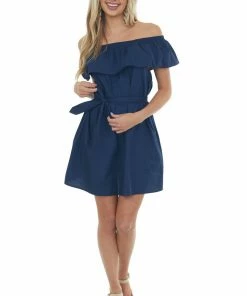 Umgee Navy Off The Shoulder Overlay Waist Tie Dress 10 Umgee Navy Off The Shoulder Overlay Waist Tie Dress