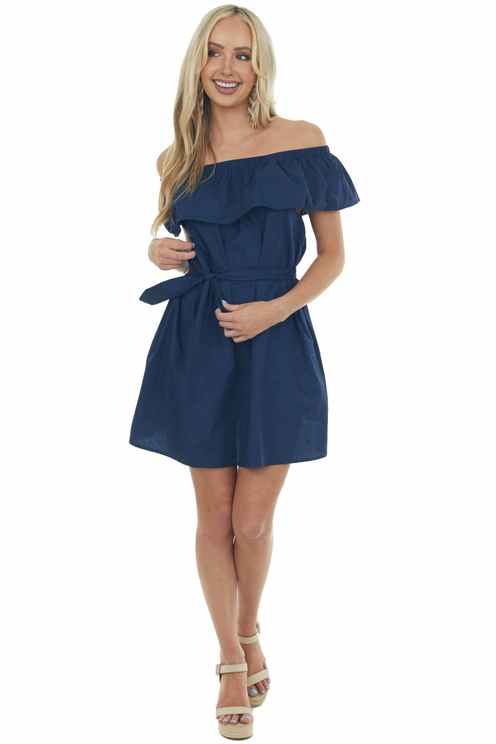 Umgee Navy Off The Shoulder Overlay Waist Tie Dress 5 Umgee Navy Off The Shoulder Overlay Waist Tie Dress