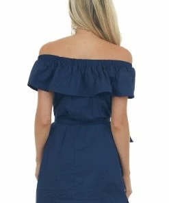 Umgee Navy Off The Shoulder Overlay Waist Tie Dress 12 Umgee Navy Off The Shoulder Overlay Waist Tie Dress