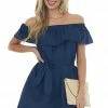 Umgee Navy Off The Shoulder Overlay Waist Tie Dress