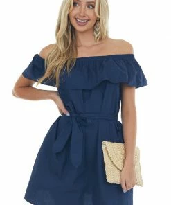 Umgee Navy Off The Shoulder Overlay Waist Tie Dress