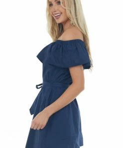 Umgee Navy Off The Shoulder Overlay Waist Tie Dress 11 Umgee Navy Off The Shoulder Overlay Waist Tie Dress