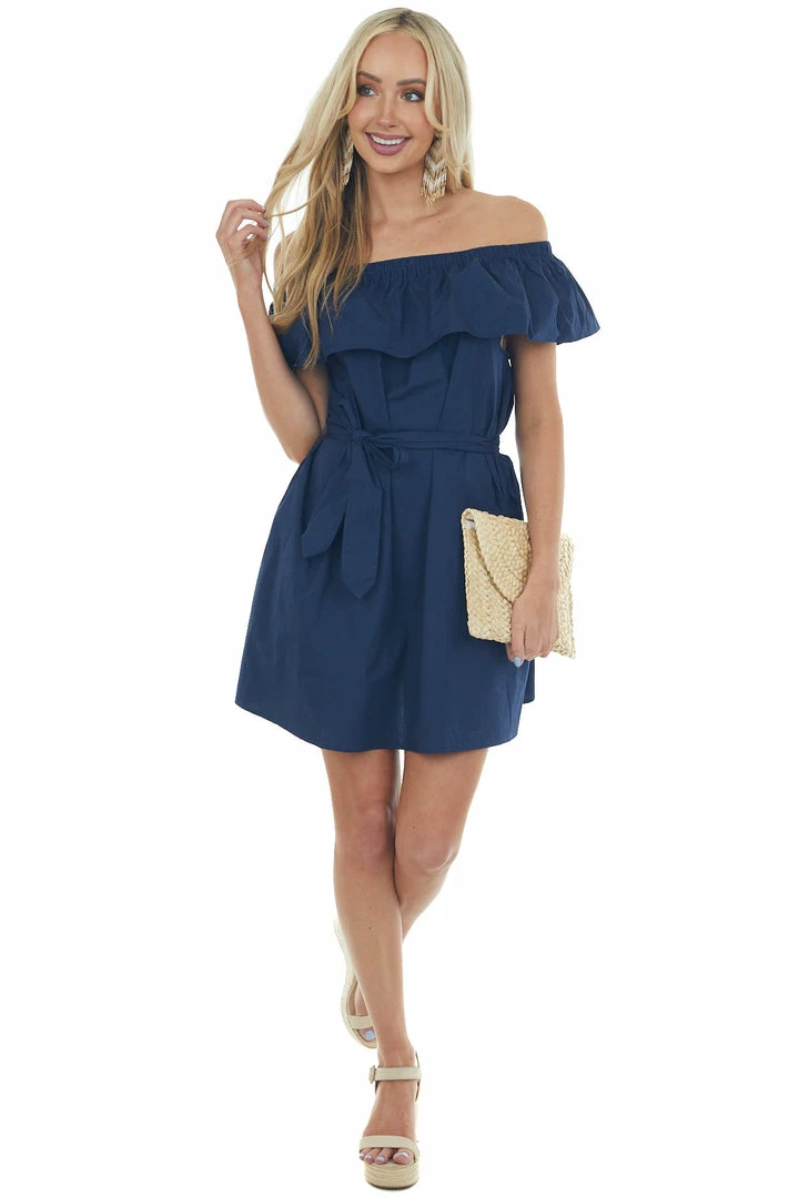 Umgee Navy Off The Shoulder Overlay Waist Tie Dress 4 Umgee Navy Off The Shoulder Overlay Waist Tie Dress