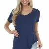 ANGIE Navy Oversized V Neck Short Sleeve Top