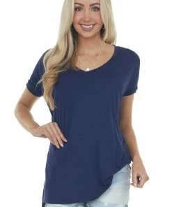 ANGIE Navy Oversized V Neck Short Sleeve Top