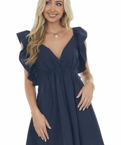 Umgee Navy Plunging V Neck Lace Up Back Short Dress