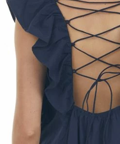 Umgee Navy Plunging V Neck Lace Up Back Short Dress