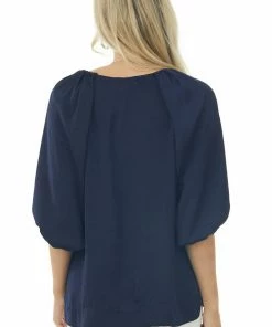 Umgee Tops Navy Puff Sleeve Blouse With Side Slits 12 Umgee Tops Navy Puff Sleeve Blouse With Side Slits