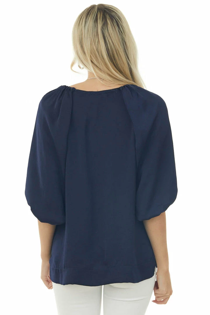 Umgee Tops Navy Puff Sleeve Blouse With Side Slits 7 Umgee Tops Navy Puff Sleeve Blouse With Side Slits