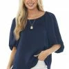 Umgee Tops Navy Puff Sleeve Blouse With Side Slits