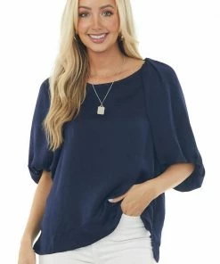 Umgee Tops Navy Puff Sleeve Blouse With Side Slits