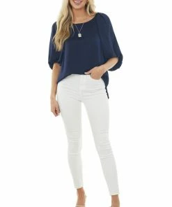 Umgee Tops Navy Puff Sleeve Blouse With Side Slits 10 Umgee Tops Navy Puff Sleeve Blouse With Side Slits