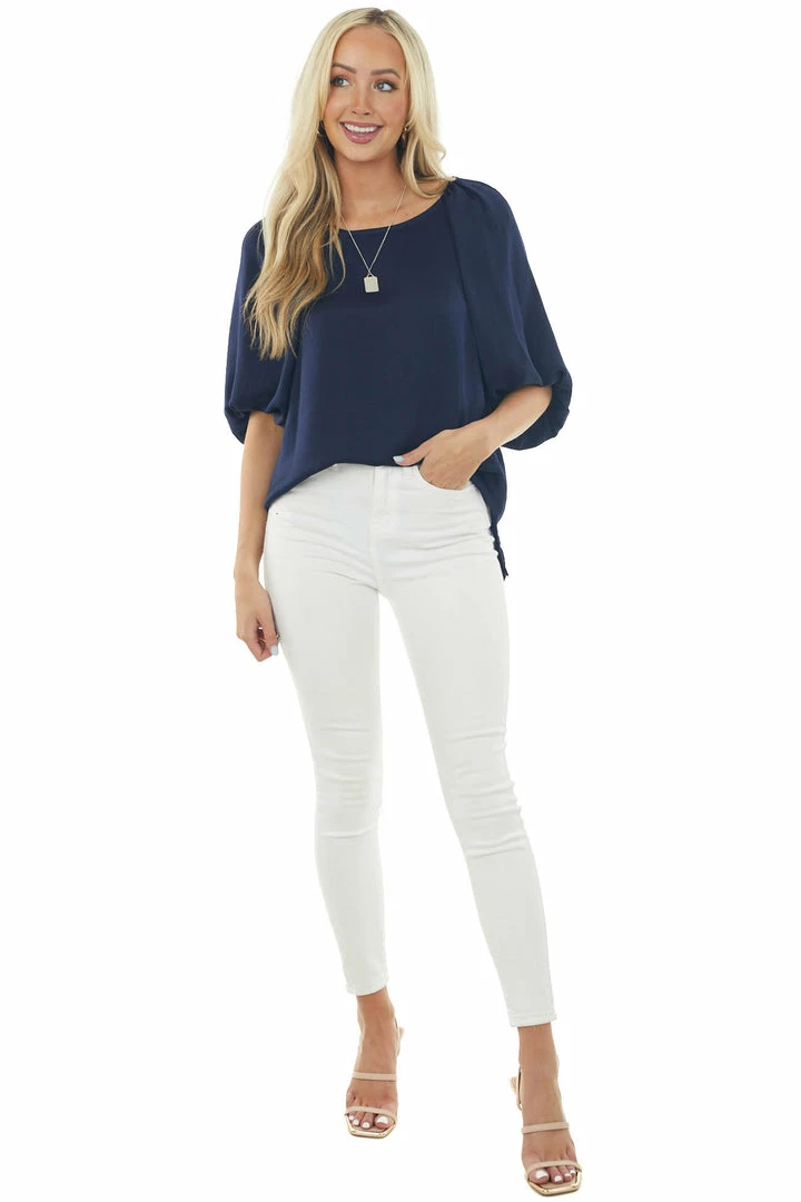 Umgee Tops Navy Puff Sleeve Blouse With Side Slits 5 Umgee Tops Navy Puff Sleeve Blouse With Side Slits