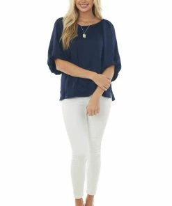Umgee Tops Navy Puff Sleeve Blouse With Side Slits
