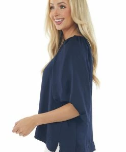 Umgee Tops Navy Puff Sleeve Blouse With Side Slits 11 Umgee Tops Navy Puff Sleeve Blouse With Side Slits