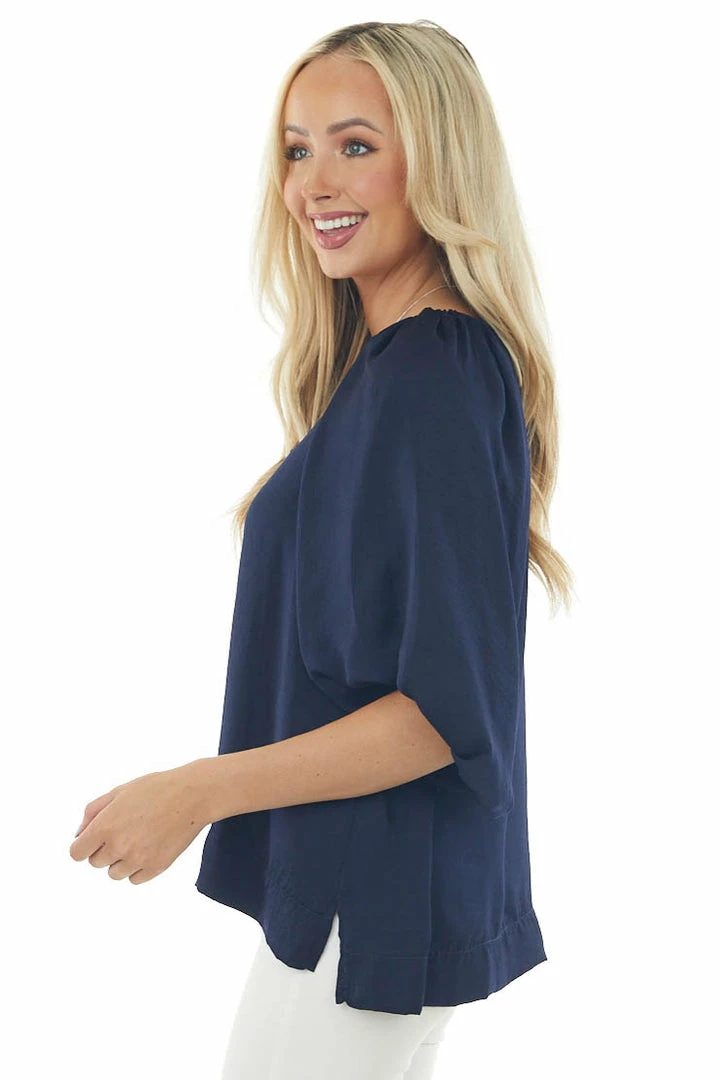Umgee Tops Navy Puff Sleeve Blouse With Side Slits 6 Umgee Tops Navy Puff Sleeve Blouse With Side Slits