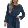 Dress Forum Navy Sequin Bubble Sleeve Velvet Belt Dress Dresses