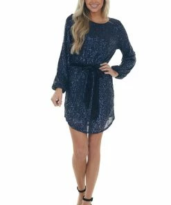 Dress Forum Navy Sequin Bubble Sleeve Velvet Belt Dress Dresses