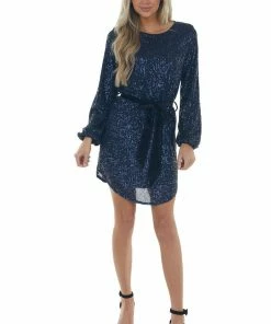 Dress Forum Navy Sequin Bubble Sleeve Velvet Belt Dress Dresses