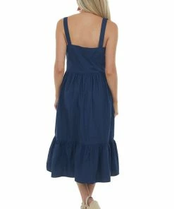 Umgee Navy Square Neck Sleeveless Poplin Midi Dress