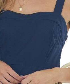 Umgee Navy Square Neck Sleeveless Poplin Midi Dress