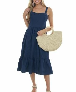 Umgee Navy Square Neck Sleeveless Poplin Midi Dress
