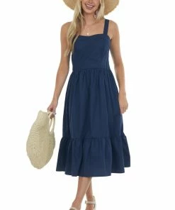 Umgee Navy Square Neck Sleeveless Poplin Midi Dress