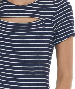 CY Fashion Navy Striped Chest Cut Out Ribbed Maxi Dress Dresses