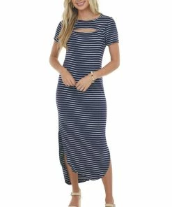 CY Fashion Navy Striped Chest Cut Out Ribbed Maxi Dress Dresses