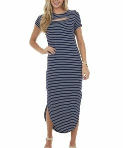 CY Fashion Navy Striped Chest Cut Out Ribbed Maxi Dress Dresses
