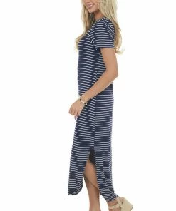 CY Fashion Navy Striped Chest Cut Out Ribbed Maxi Dress Dresses