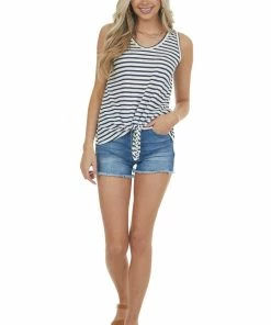 Hailey & Co Navy Striped Front Knot Scoop Neck Tank Top
