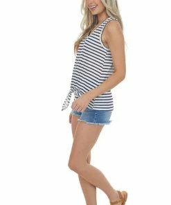 Hailey & Co Navy Striped Front Knot Scoop Neck Tank Top