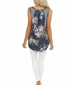 American Chic Tops Navy Striped Print Tank Top With Back Floral Contrast