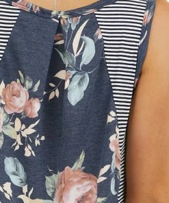 American Chic Tops Navy Striped Print Tank Top With Back Floral Contrast