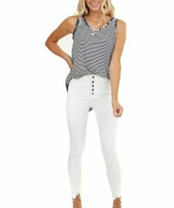 American Chic Tops Navy Striped Print Tank Top With Back Floral Contrast