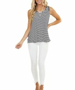 American Chic Tops Navy Striped Print Tank Top With Back Floral Contrast