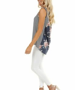 American Chic Tops Navy Striped Print Tank Top With Back Floral Contrast