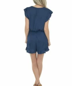 Umgee Navy Surplice Ruffle Sleeve Silky Romper 24 Umgee Navy Surplice Ruffle Sleeve Silky Romper