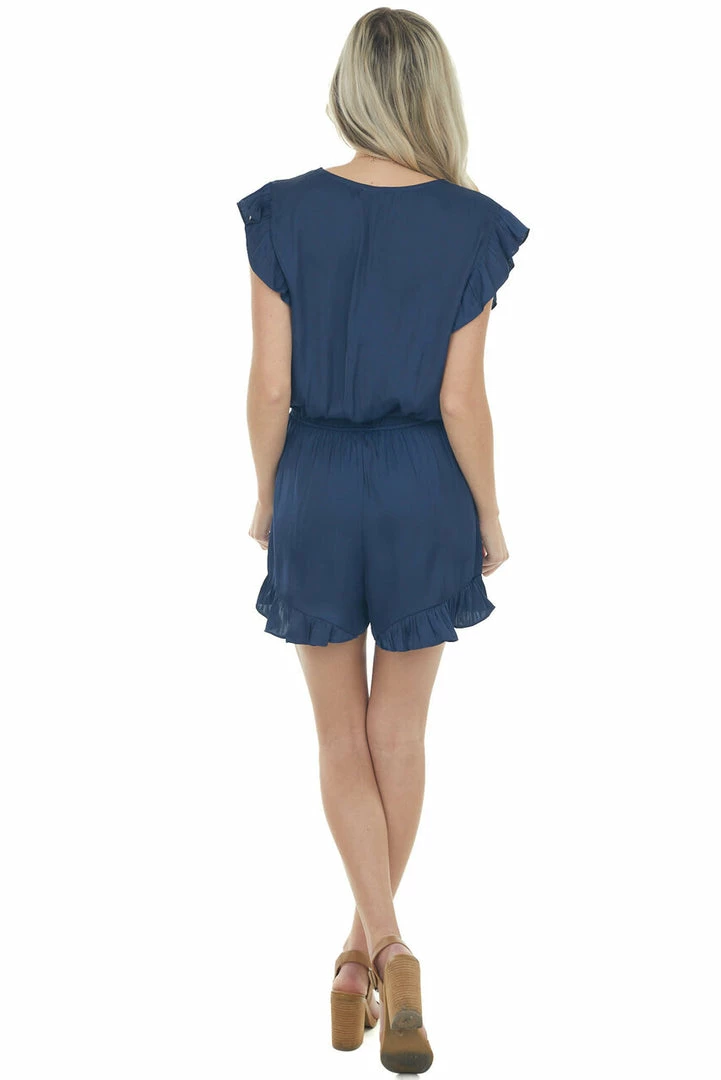 Umgee Navy Surplice Ruffle Sleeve Silky Romper 9 Umgee Navy Surplice Ruffle Sleeve Silky Romper