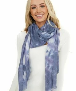 Umgee Accessories Navy Tie Dye Lightweight Scarf With Frayed Hem Detail